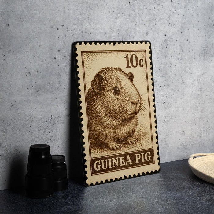 A 10cent postage stamp featuring a guinea pig illustration, placed on a dark surface next to some black camera lenses.