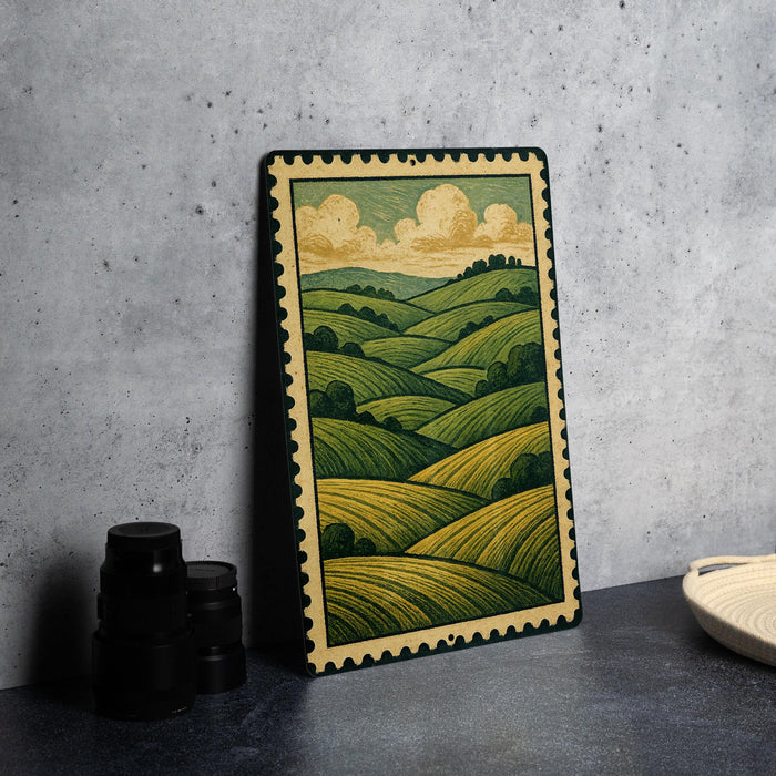 a framed painting of a countryside landscape with rolling hills and trees, placed on a table next to some black camera lenses.