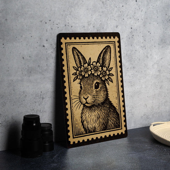 A framed illustration of a rabbit wearing a flower crown is displayed on a table.