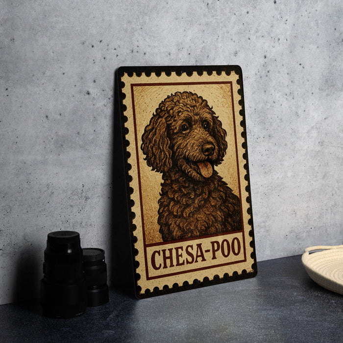 A framed illustration of a poodle dog, labeled "CHESA-POO", is displayed on a table next to a stack of black camera lenses.
