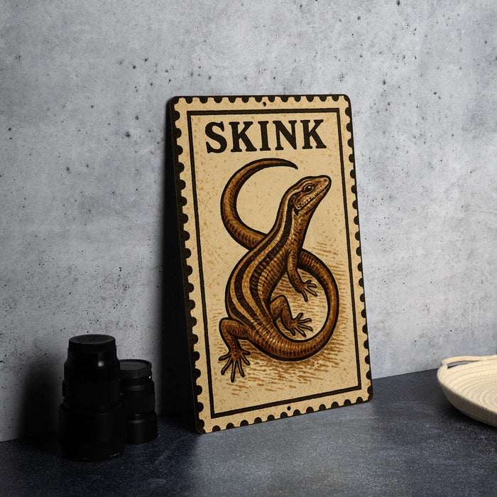 a metal sign with a lizard illustration, placed on a countertop next to some black camera lenses.