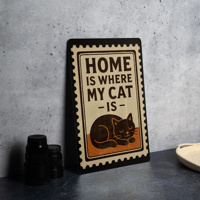 A metal sign with the text "HOME IS WHERE MY CAT IS" and an illustration of a cat is placed on a countertop next to some black camera lenses.