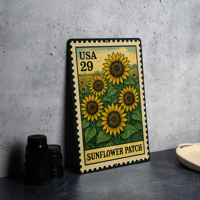 A metal stamp with a vibrant illustration of sunflowers on a green background, placed on a gray countertop next to some black camera lenses.