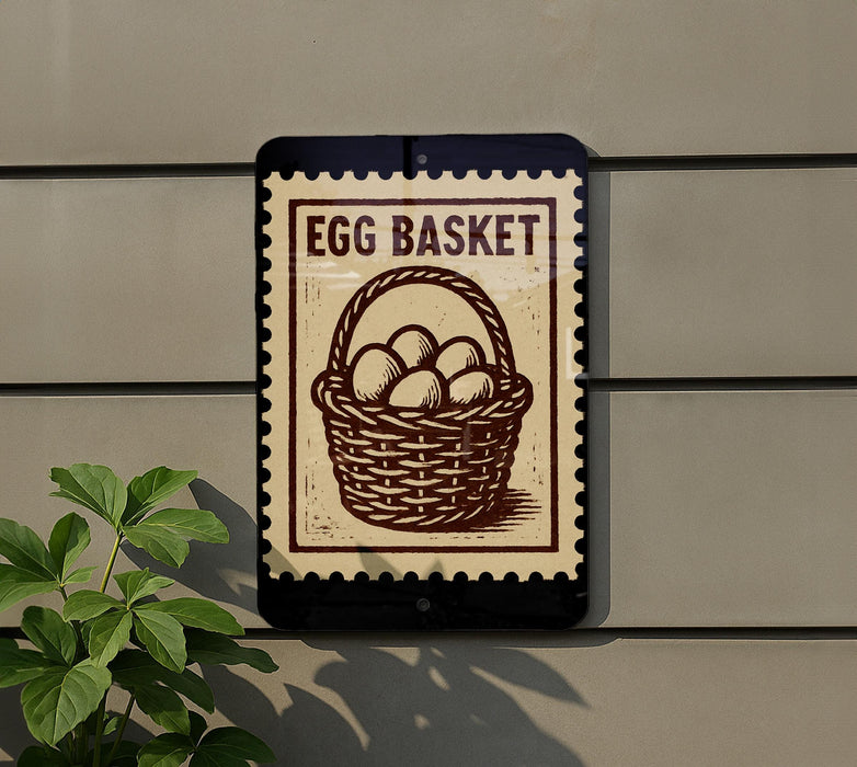 a sign that reads "Egg Basket" with a basket of eggs depicted on it. The sign is mounted on a wall, and there is a plant to the left of the sign.