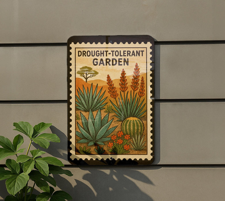 a sign for the "Drought-Tolerant Garden" with a border, mounted on a wall next to a plant.