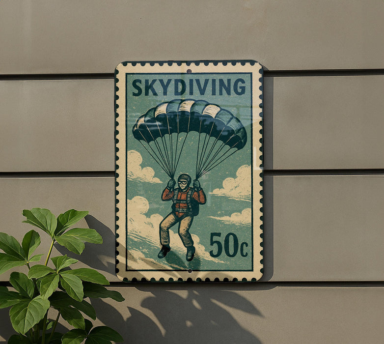 A vintage-style postage stamp featuring a skydiving scene with a parachutist and a large parachute.