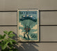 A vintage-style postage stamp featuring a skydiving scene with a parachutist and a large parachute.