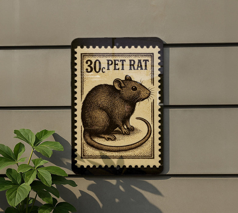 a stamp-like sign with a picture of a pet rat, mounted on a wall next to a plant.