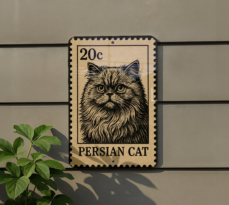 A 20c postage stamp featuring a close-up of a Persian cat is mounted on a wall next to a plant.