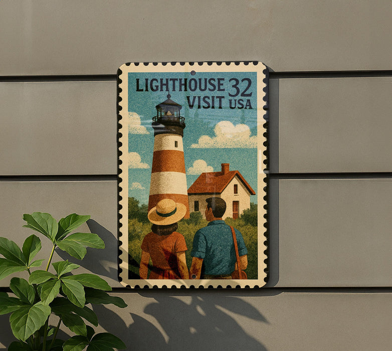 A vintage-style postage stamp depicting a lighthouse and a couple standing in front of it, with the text "Lighthouse 32 VISIT USA" on the stamp.