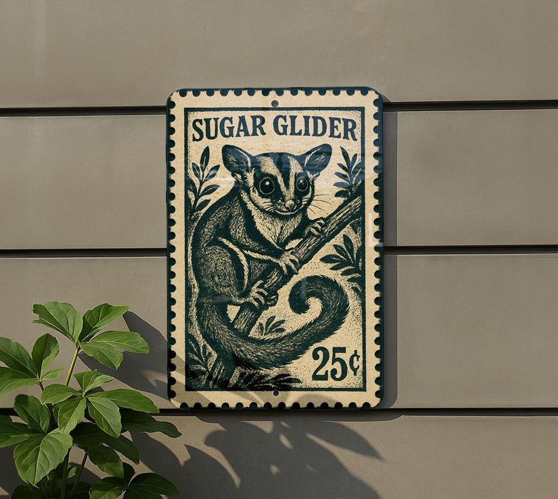 A metal sign with a sugar glider illustration and the price of 25 cents displayed on a wall.