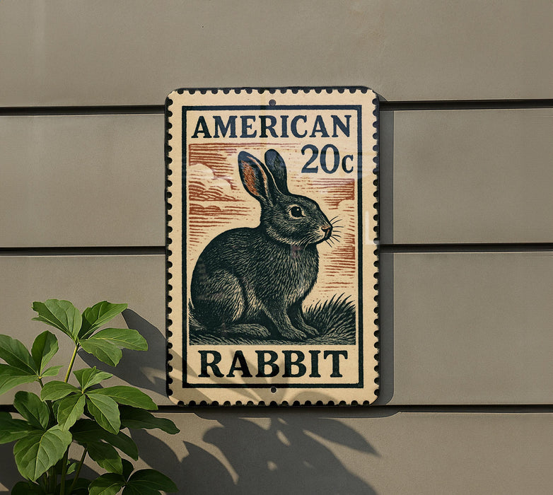 A metal sign with an illustration of a rabbit on it, mounted on a wall.