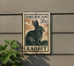 A metal sign with an illustration of a rabbit on it, mounted on a wall.