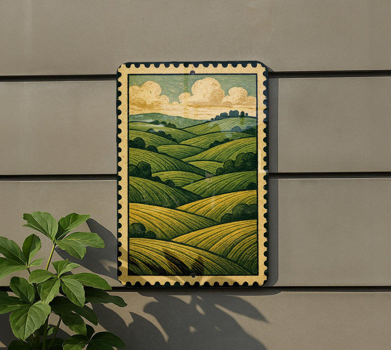 a framed painting of a countryside landscape with rolling hills and a cloudy sky, hanging on a wall next to a plant.