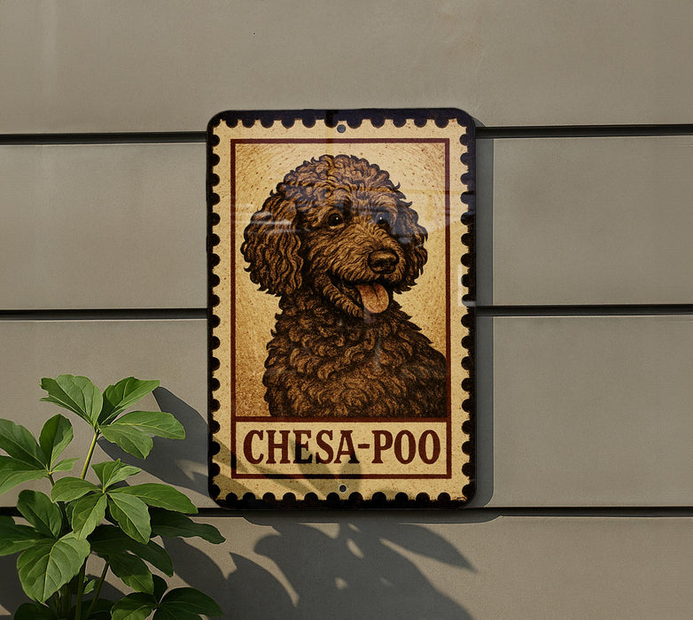 A sign featuring a picture of a poodle with curly fur and the text "CHESA-POO" is displayed on a wall.