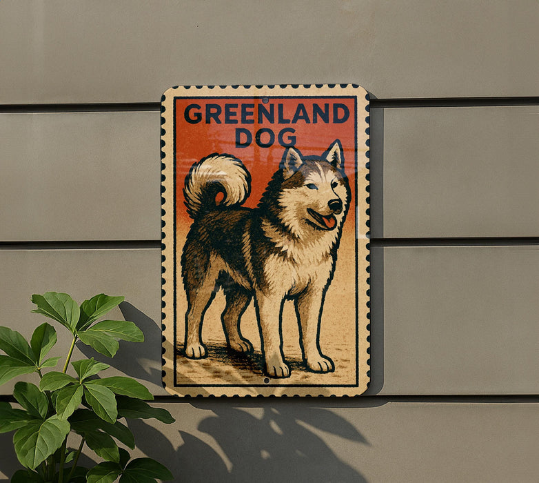 A sign featuring a picture of a husky dog, with the text "GREENLAND DOG" displayed prominently.