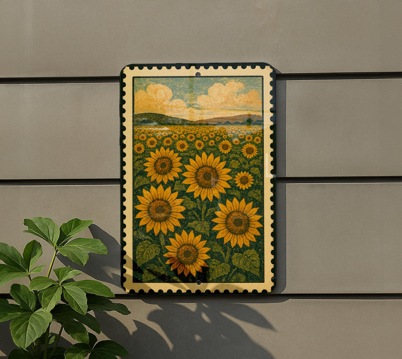 a framed painting of a field of sunflowers on a wall.