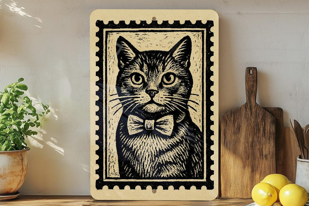a framed illustration of a cat wearing a bow tie, placed on a shelf next to a wooden cutting board and some lemons.