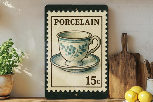 A ceramic cup with a floral design is displayed on a shelf, accompanied by a wooden cutting board, a potted plant, and a lemon.
