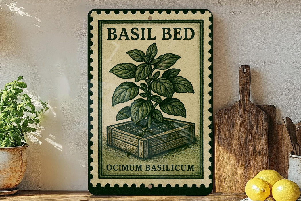 a framed illustration of a basil plant on a shelf, with a wooden cutting board and a lemon nearby.