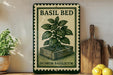 a framed illustration of a basil plant on a shelf, with a wooden cutting board and a lemon nearby.