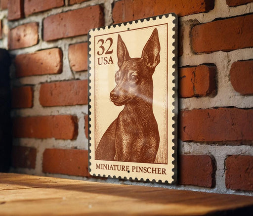 A brown miniature pinscher dog on a wooden surface, with a brick wall in the background.