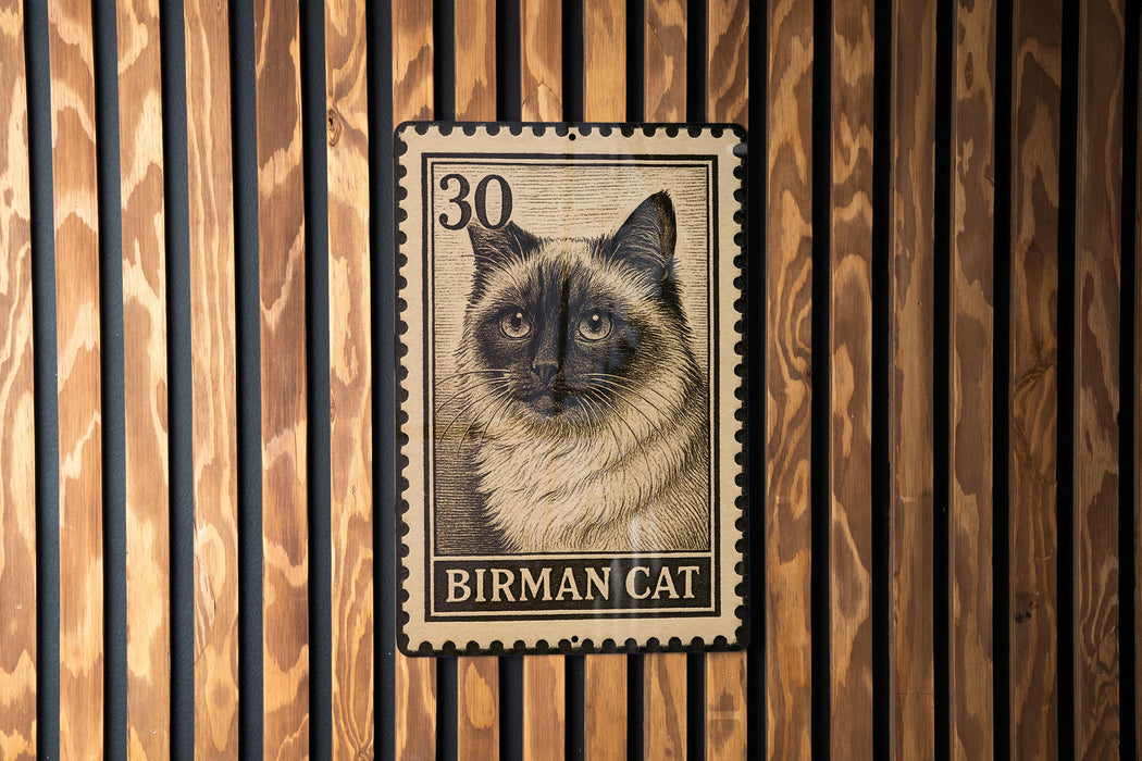 A metal stamp featuring a close-up of a Birman cat's face, with the text "BIRMAN CAT" printed below it.