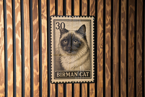 A metal stamp featuring a close-up of a Birman cat's face, with the text "BIRMAN CAT" printed below it.