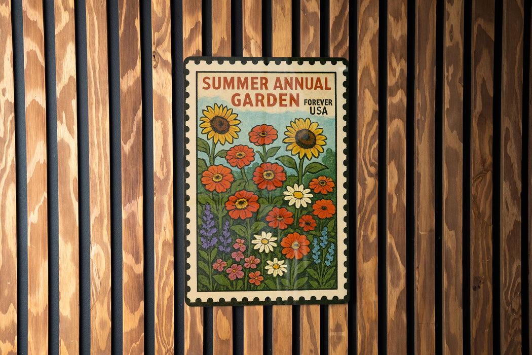 A colorful postage stamp featuring a garden scene with various flowers and plants, displayed on a wooden wall.