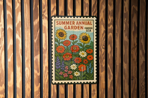A colorful postage stamp featuring a garden scene with various flowers and plants, displayed on a wooden wall.