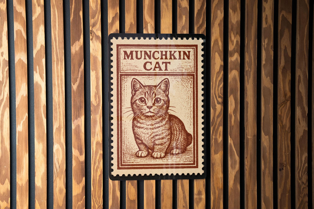A brown and white cat illustration on a wooden background, with the text "MUNCHKIN CAT" displayed prominently.