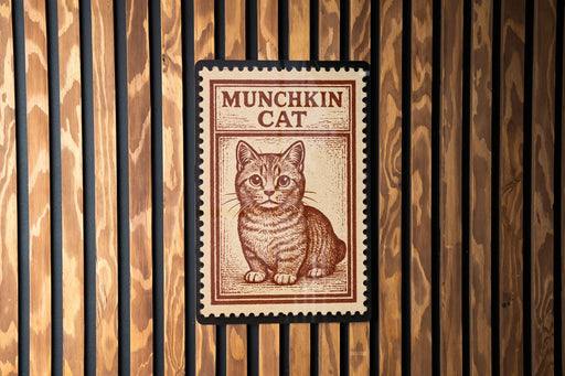 A brown and white cat illustration on a wooden background, with the text "MUNCHKIN CAT" displayed prominently.