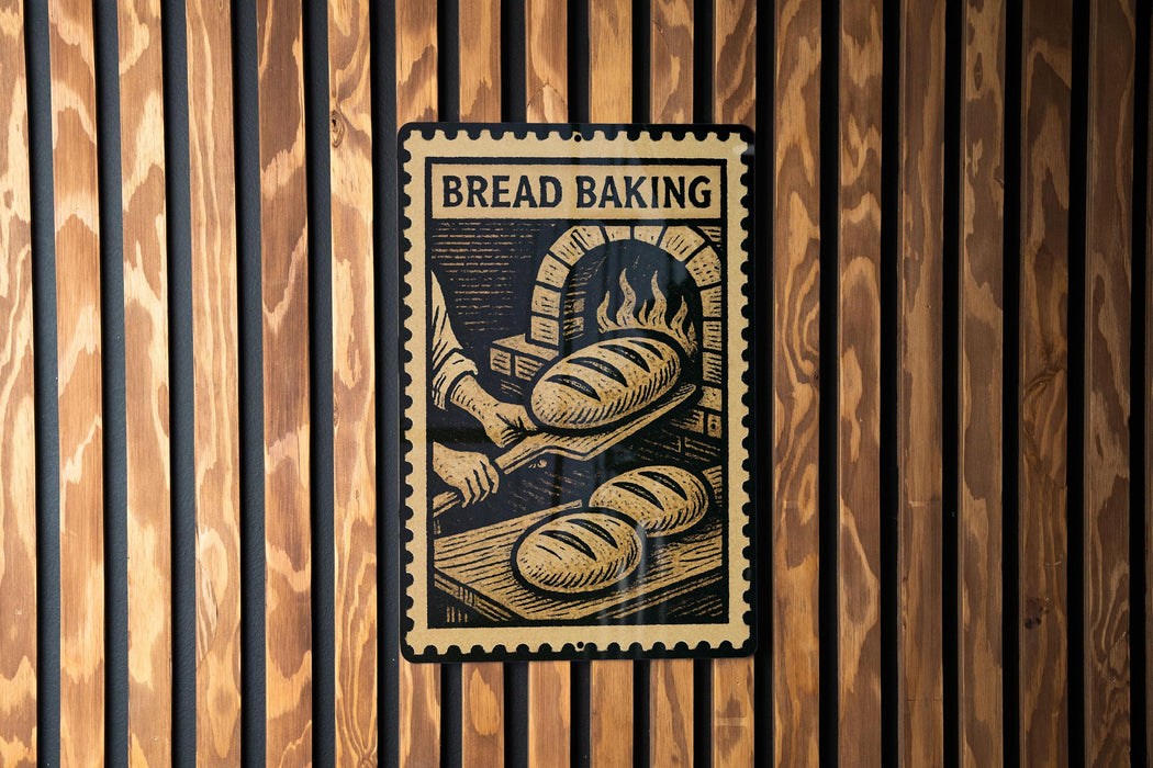 A sign that reads "BREAD BAKING" is displayed on a wooden wall, featuring an illustration of a baker working with dough.