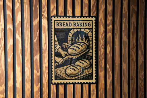 A sign that reads "BREAD BAKING" is displayed on a wooden wall, featuring an illustration of a baker working with dough.