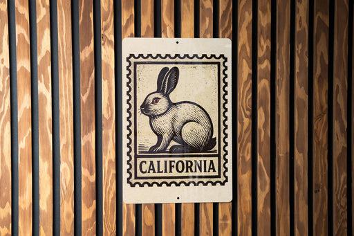 A California postage stamp featuring a rabbit is displayed on a wooden wall.