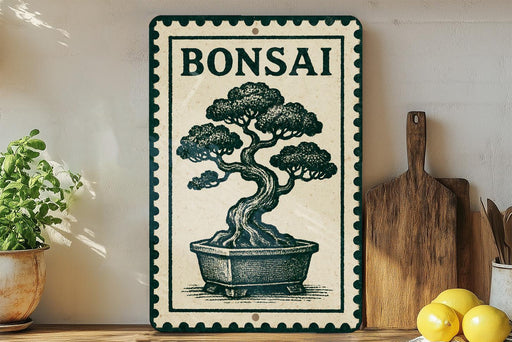 A framed bonsai tree illustration is displayed on a shelf, accompanied by a wooden cutting board and a potted plant.