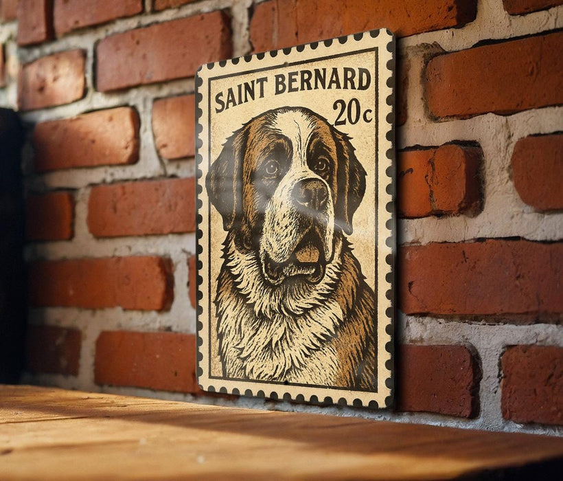 A wooden table with a framed image of a Saint Bernard dog, which appears to be a postage stamp.