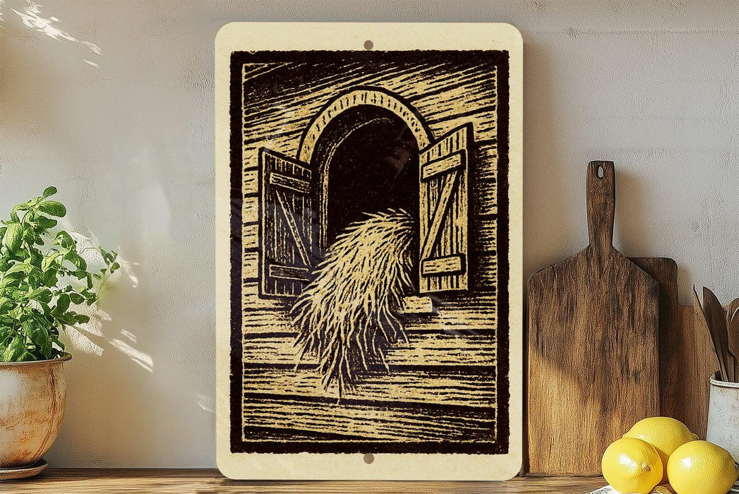a wooden sign with an illustration of a hay bale, placed on a shelf next to a wooden cutting board and a potted plant.