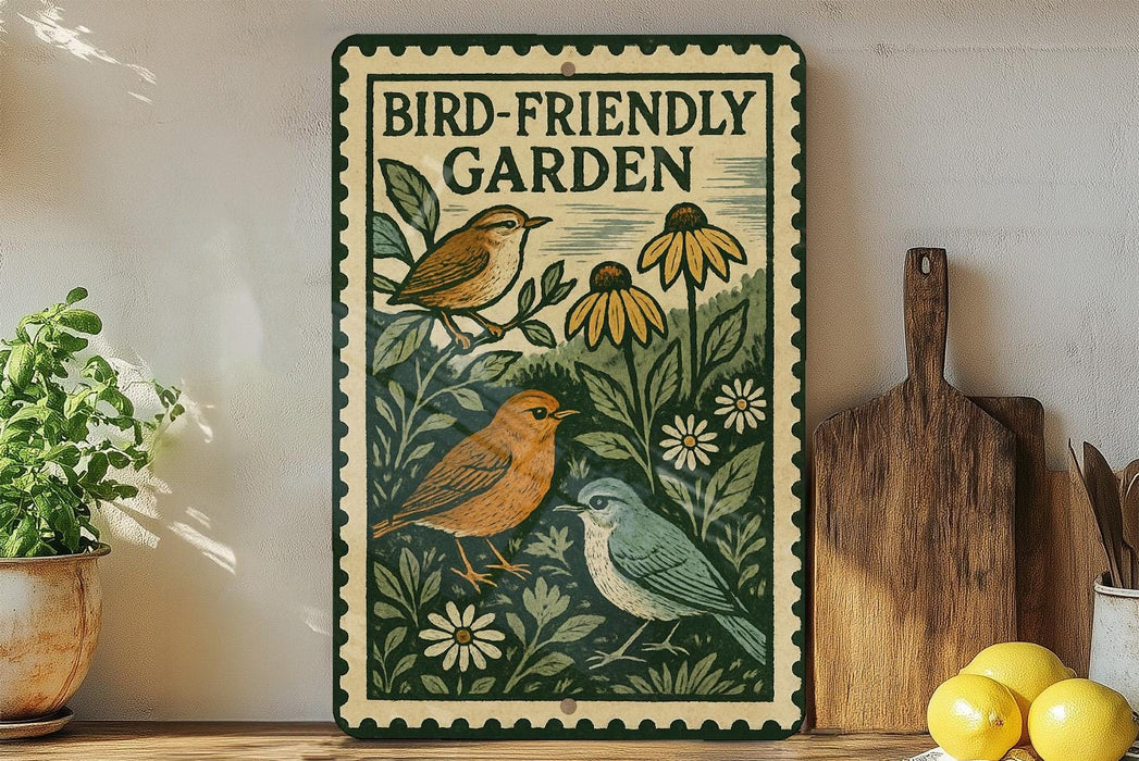 A decorative metal sign with a bird illustration and floral elements, placed on a wooden surface next to a wooden cutting board and some potted plants.