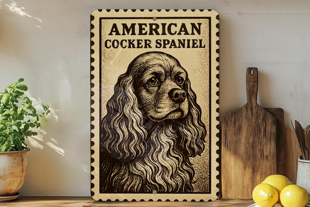 a vintage-style sign depicting an American Cocker Spaniel, with a potted plant to the left and a wooden cutting board to the right.
