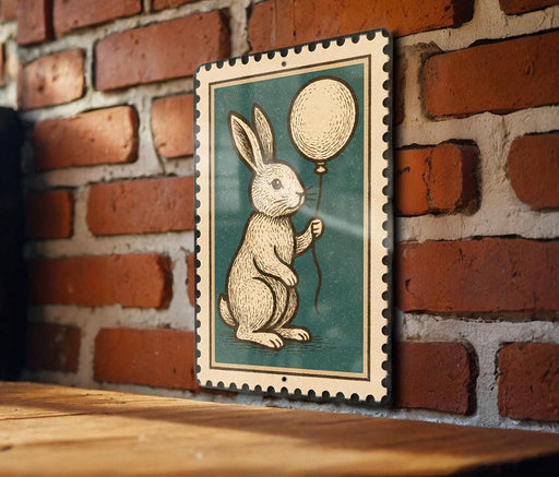 A framed illustration of a rabbit holding a balloon is displayed on a brick wall.