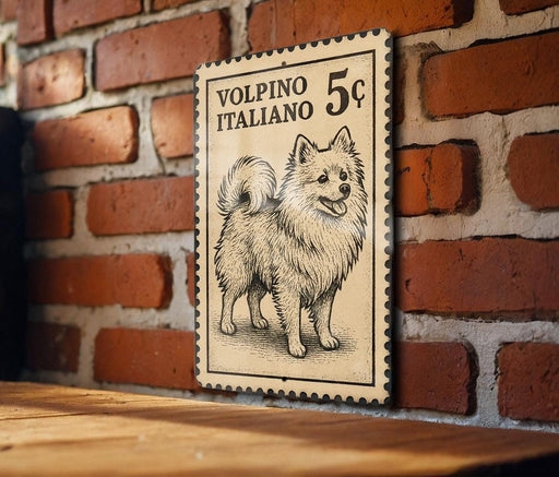 A vintage postage stamp featuring a dog illustration, mounted on a brick wall.