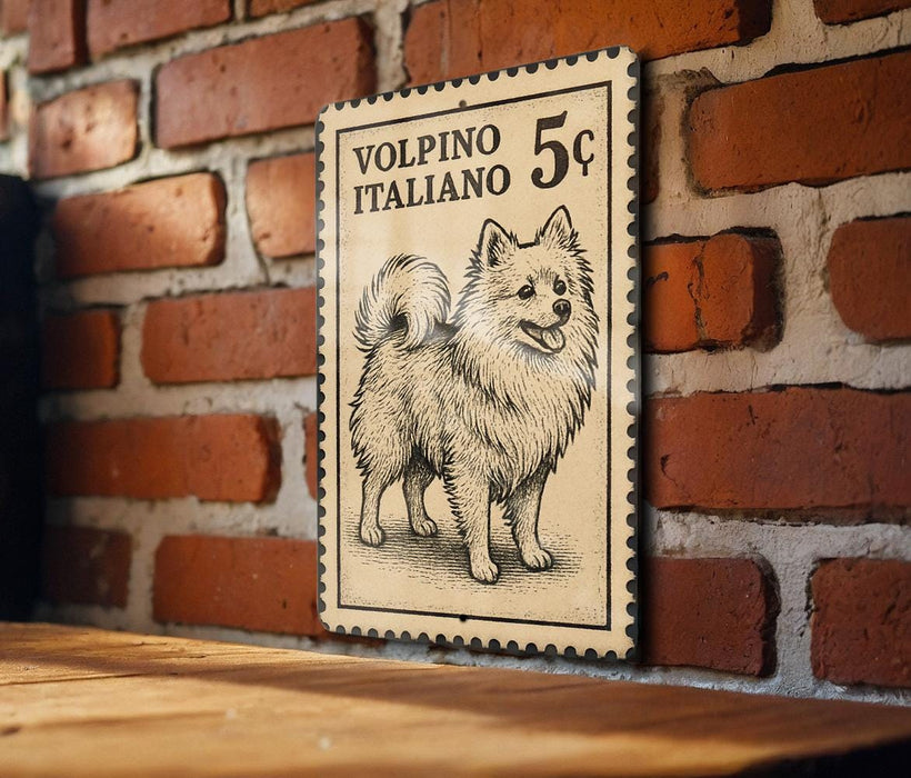 A vintage postage stamp featuring a dog illustration, mounted on a brick wall.