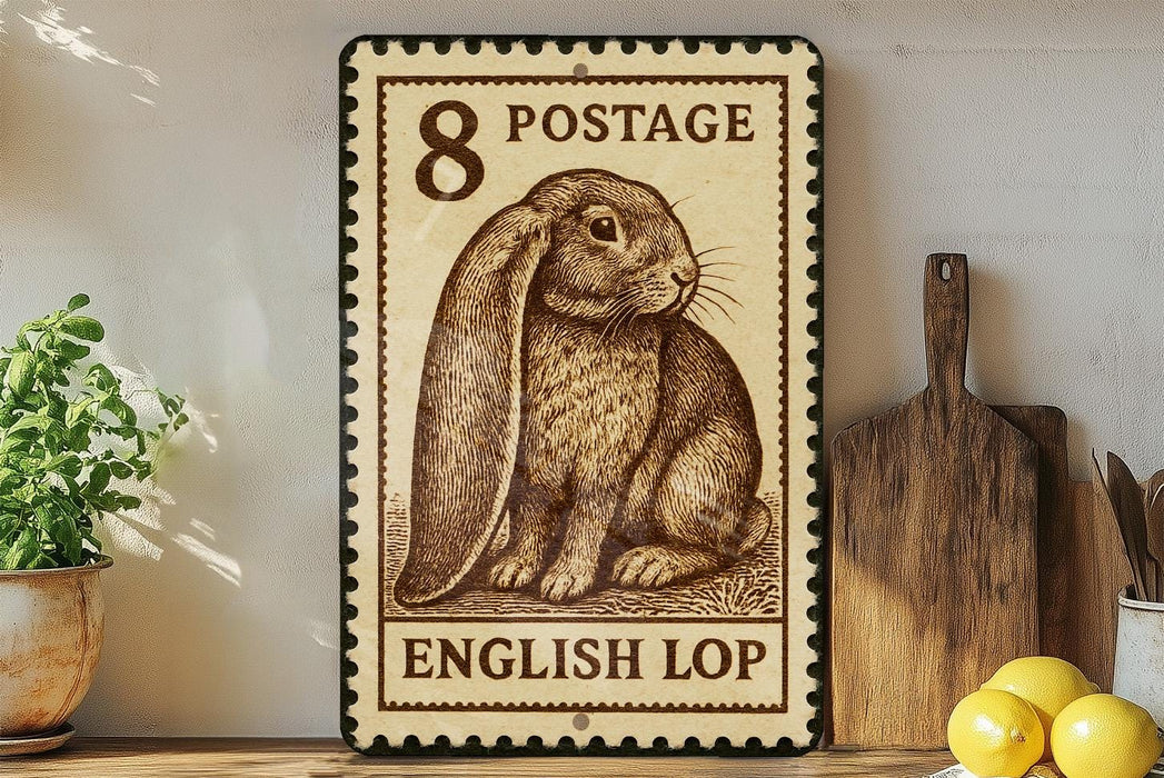 A vintage-style 8 postage stamp featuring an illustration of an English lop rabbit, placed on a wooden surface next to a wooden cutting board and some lemons.