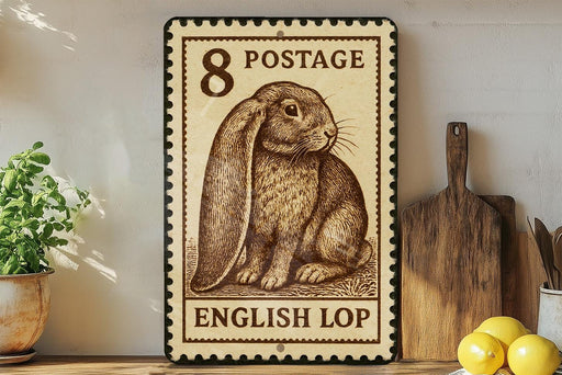 A vintage-style 8 postage stamp featuring an illustration of an English lop rabbit, placed on a wooden surface next to a wooden cutting board and some lemons.
