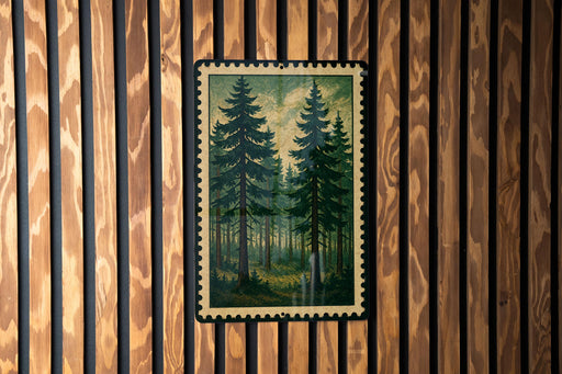 a framed painting of a forest scene, hanging on a wooden wall.