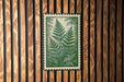 a framed print of a fern plant on a wooden wall.