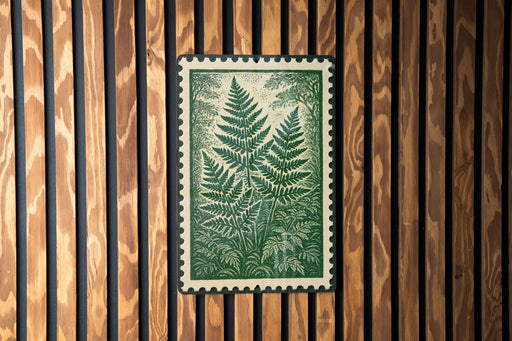 a framed print of a fern plant on a wooden wall.