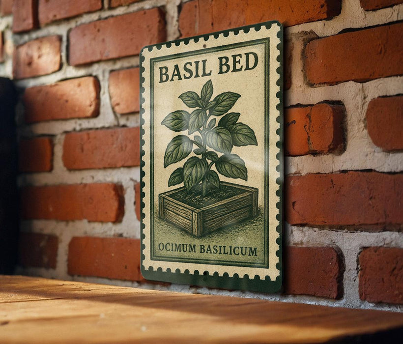 A metal sign with a plant illustration and text is mounted on a brick wall.