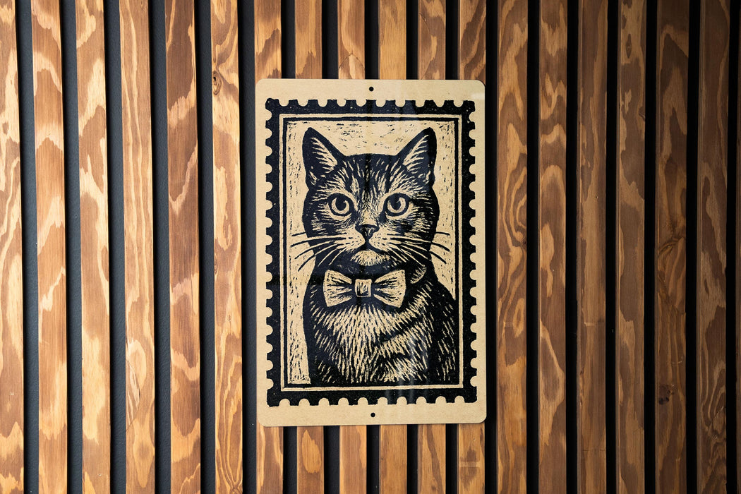 A black and white illustration of a cat wearing a bow tie is displayed on a wooden wall.
